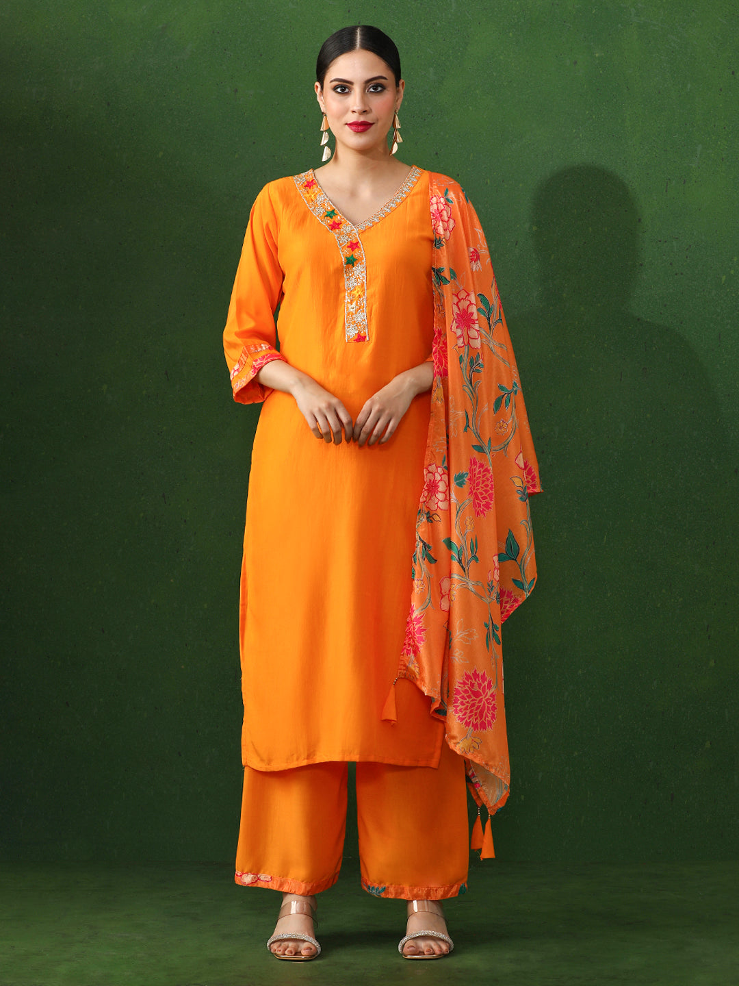 Floral Embroidered A-Line Chinon Kurta & Trousers Sets