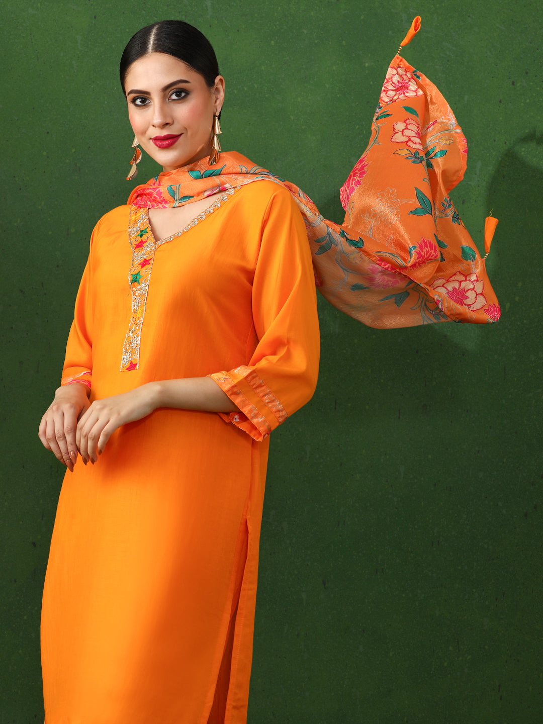 Floral Embroidered A-Line Chinon Kurta & Trousers Sets