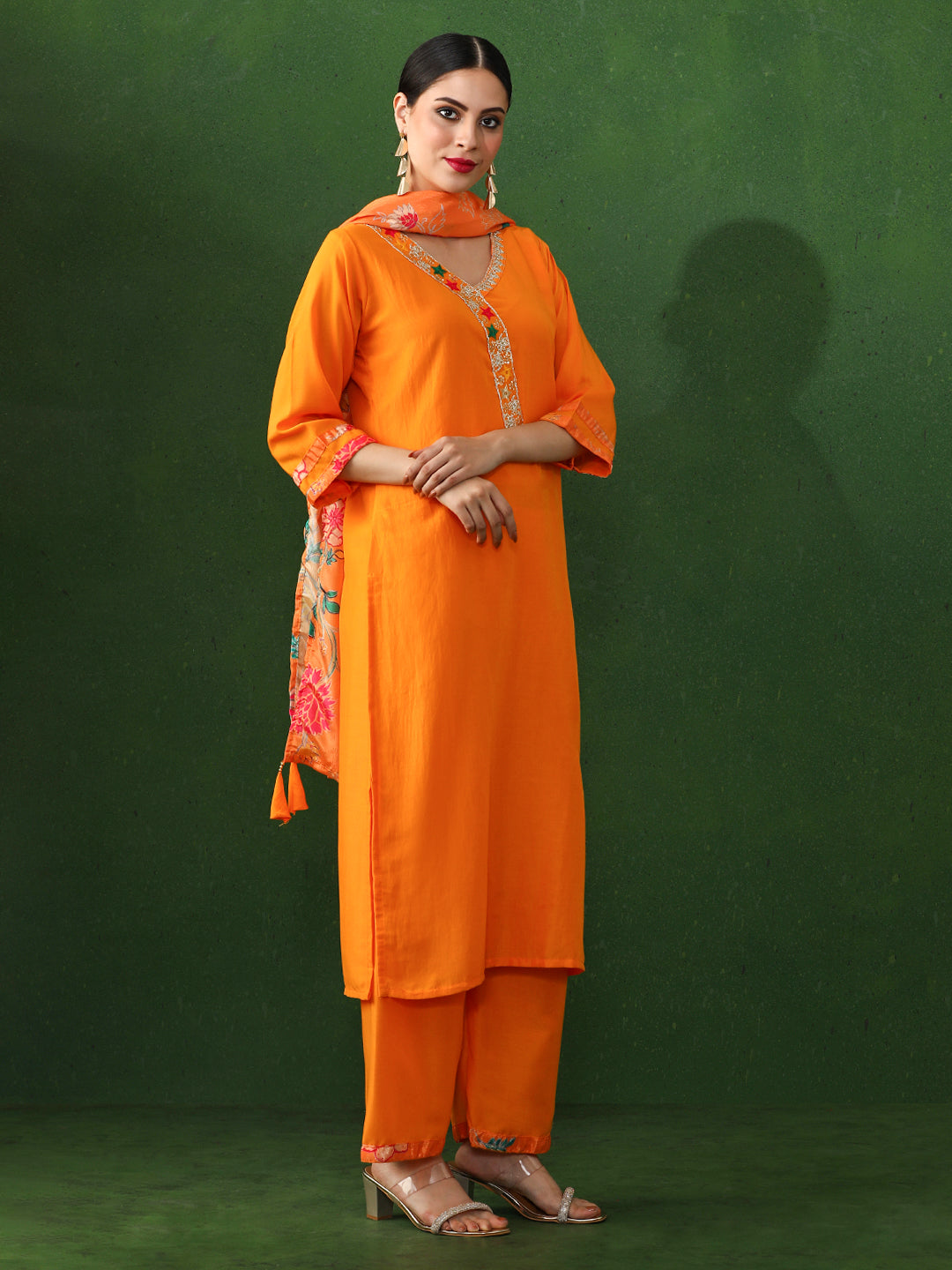 Floral Embroidered A-Line Chinon Kurta & Trousers Sets