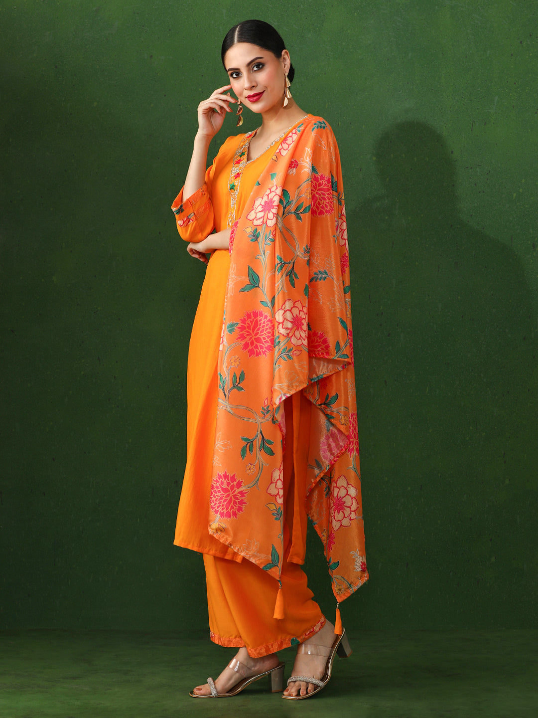 Floral Embroidered A-Line Chinon Kurta & Trousers Sets