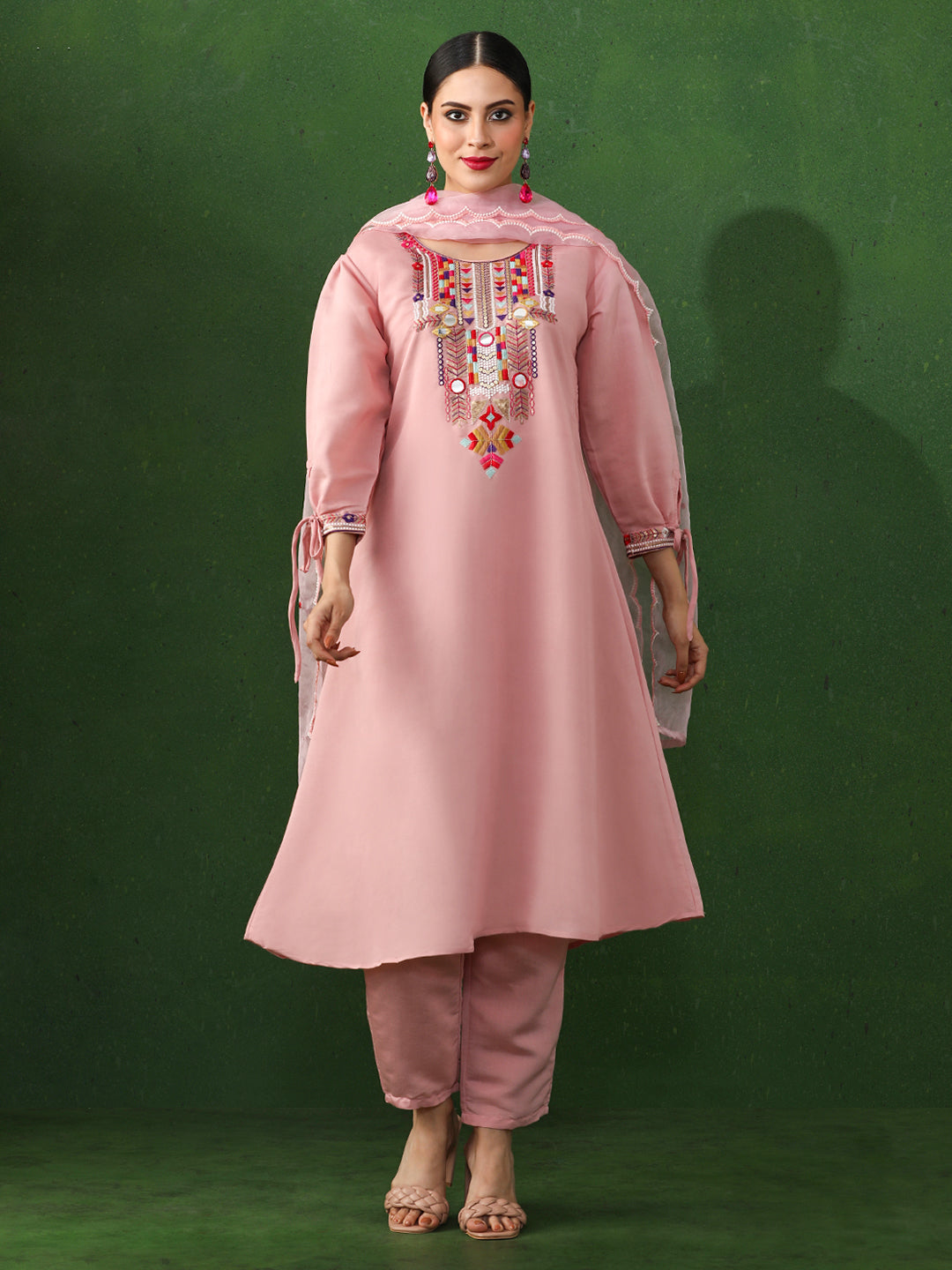 Floral Embroidered A-Line Chanderi Silk Kurta & Trousers Sets