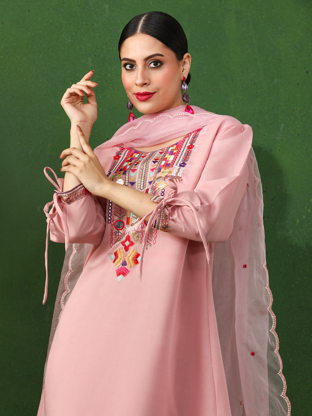 Floral Embroidered A-Line Chanderi Silk Kurta & Trousers Sets