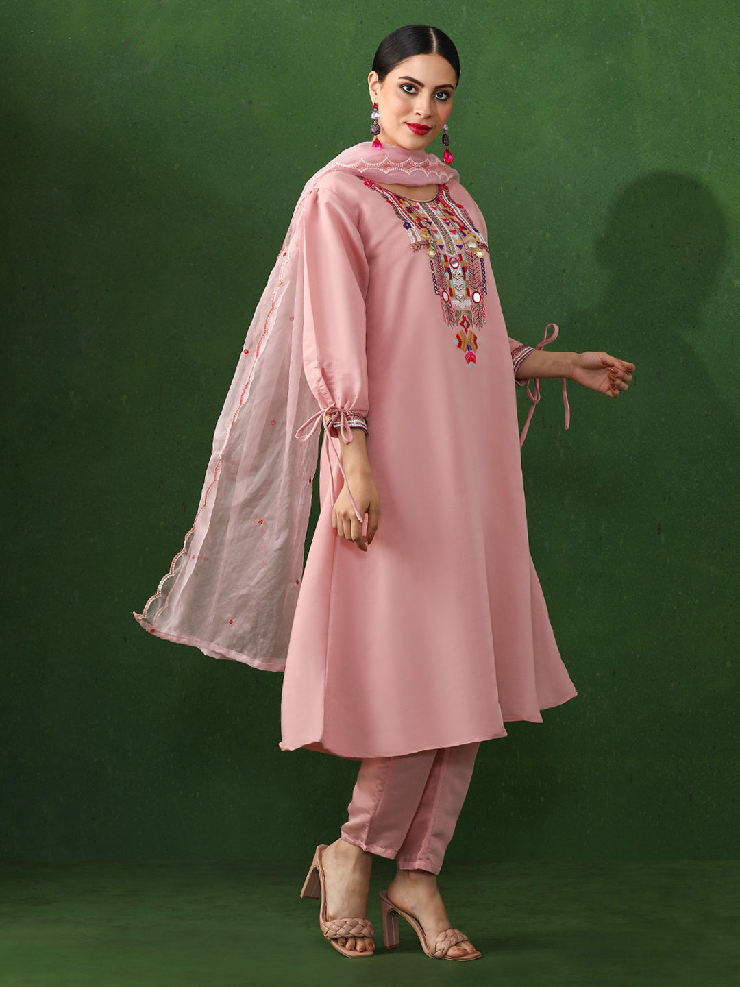 Floral Embroidered A-Line Chanderi Silk Kurta & Trousers Sets