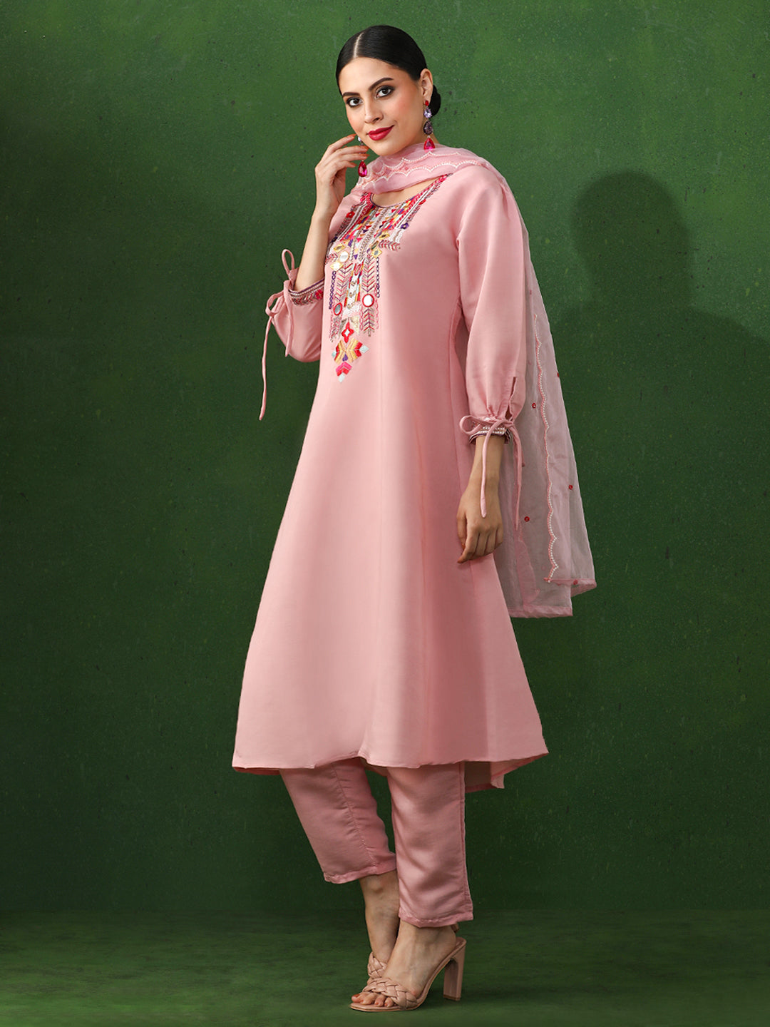 Floral Embroidered A-Line Chanderi Silk Kurta & Trousers Sets