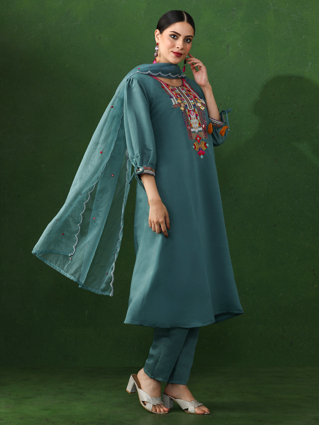 Floral Embroidered A-Line Chanderi Silk Kurta & Trousers Sets