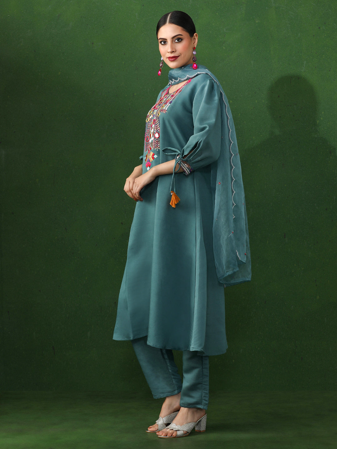 Floral Embroidered A-Line Chanderi Silk Kurta & Trousers Sets