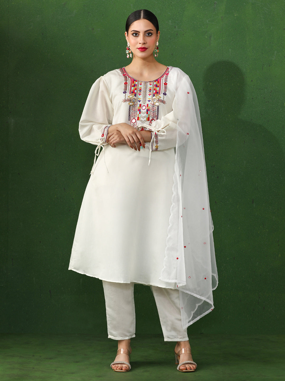 Floral Embroidered A-Line Chanderi Silk Kurta & Trousers Sets
