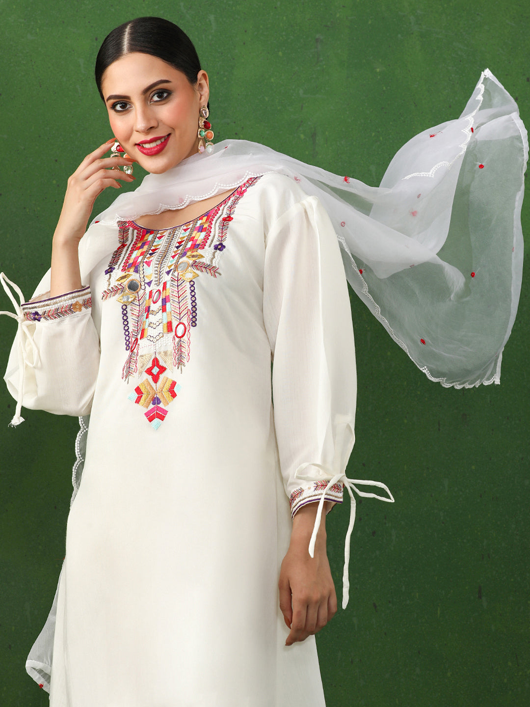 Floral Embroidered A-Line Chanderi Silk Kurta & Trousers Sets