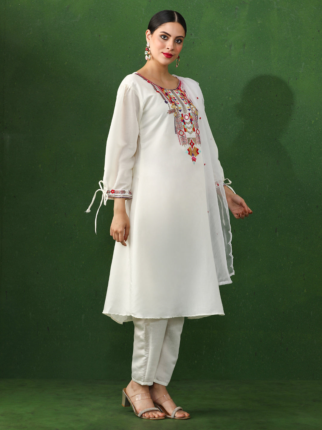 Floral Embroidered A-Line Chanderi Silk Kurta & Trousers Sets