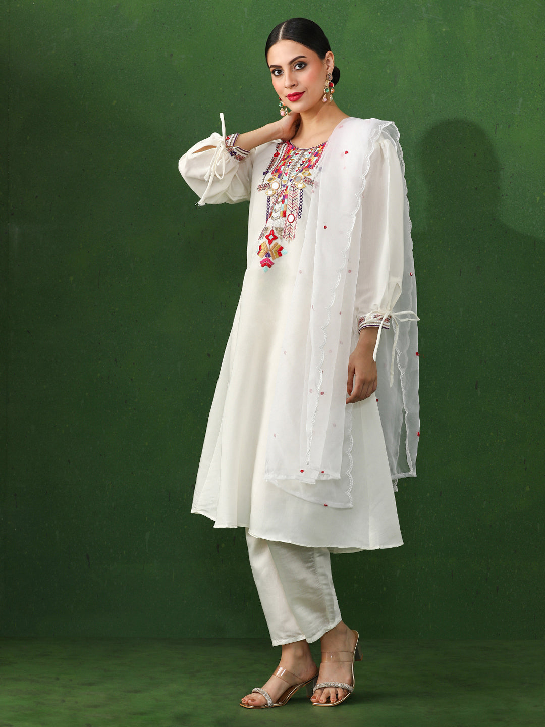 Floral Embroidered A-Line Chanderi Silk Kurta & Trousers Sets