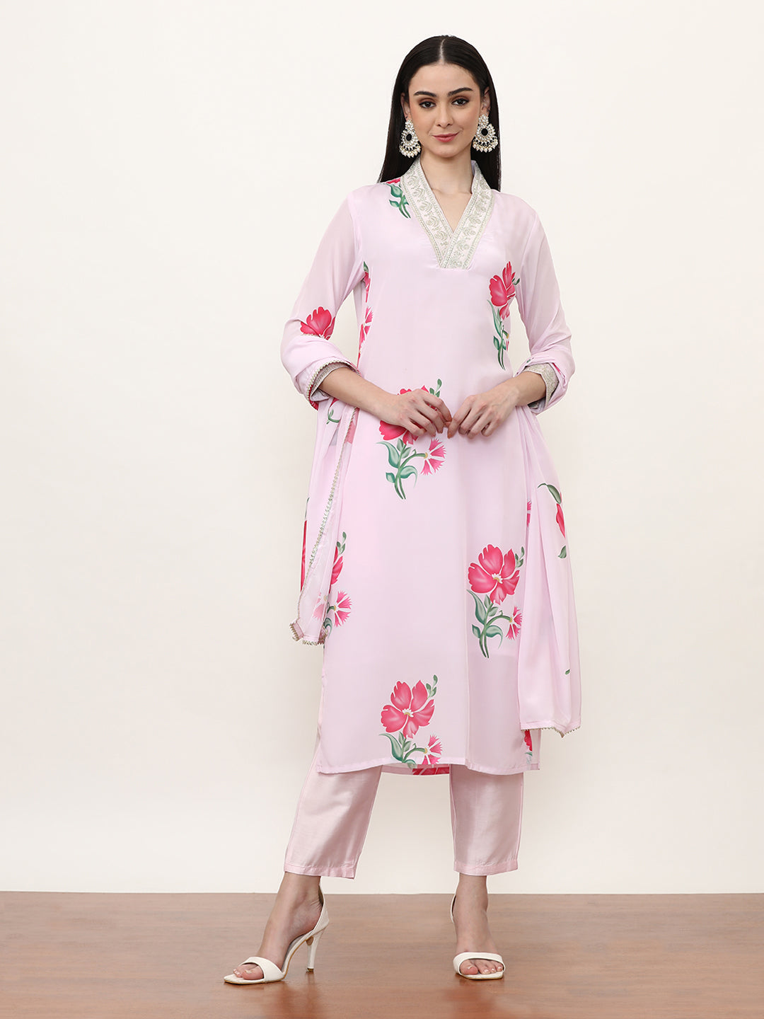 Embroidered Poly Crepe Ethnic Motifs Kurta Sets With Dupatta