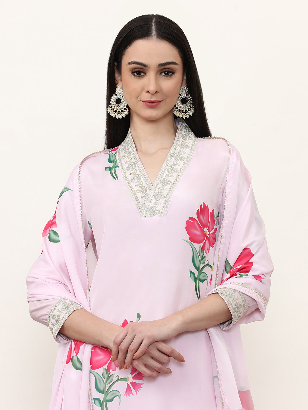 Embroidered Poly Crepe Ethnic Motifs Kurta Sets With Dupatta