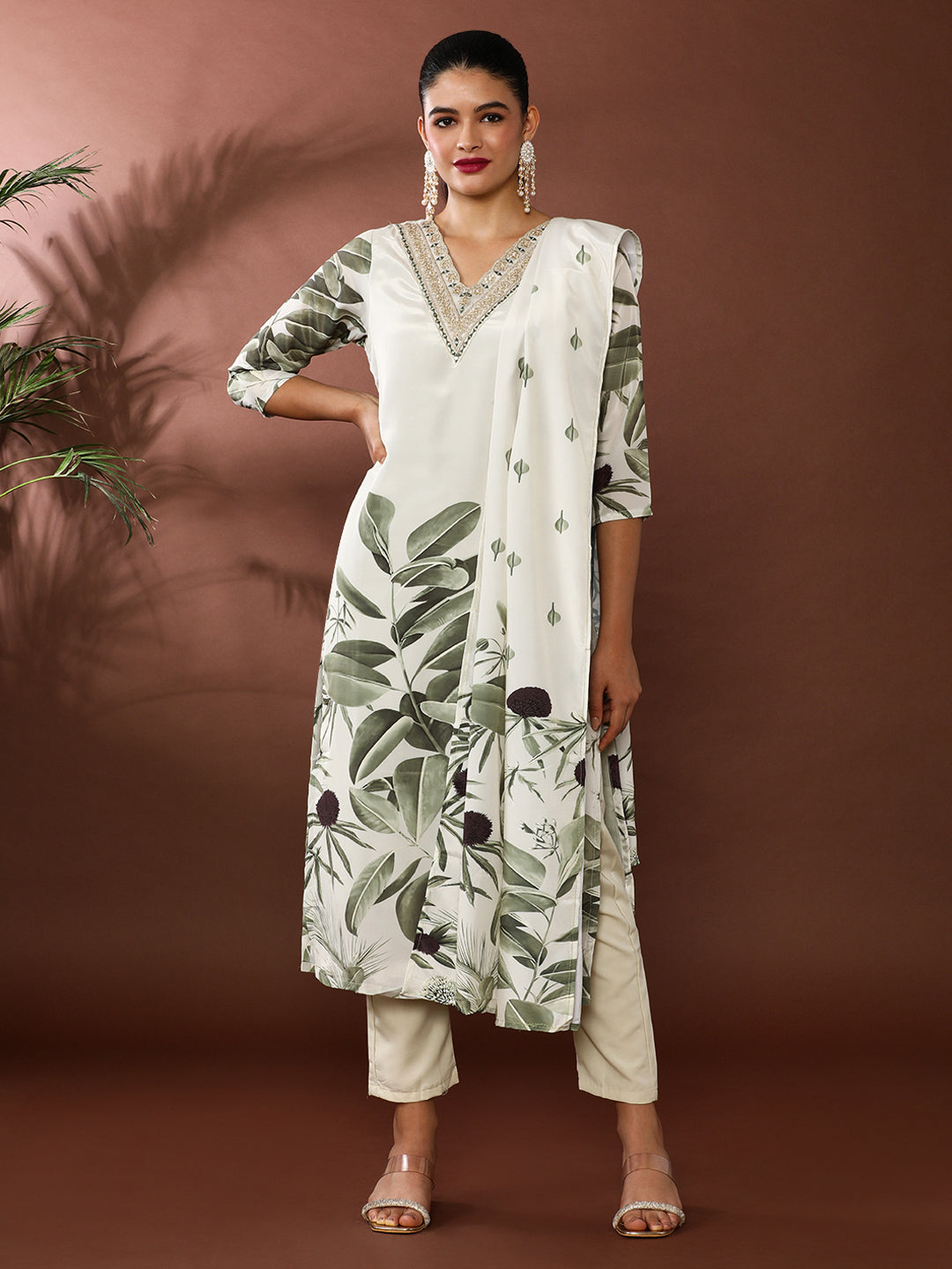 Floral Embroidered Poly Crepe Kurta & Trousers Sets