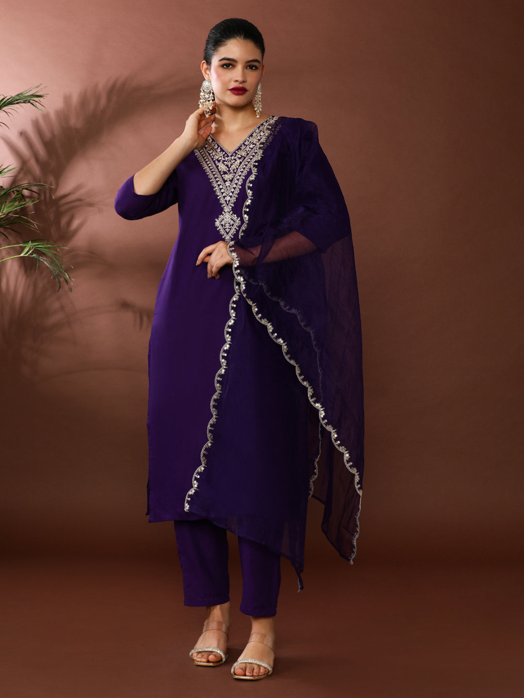 Solid Embroidered Kurta & Trousers Sets