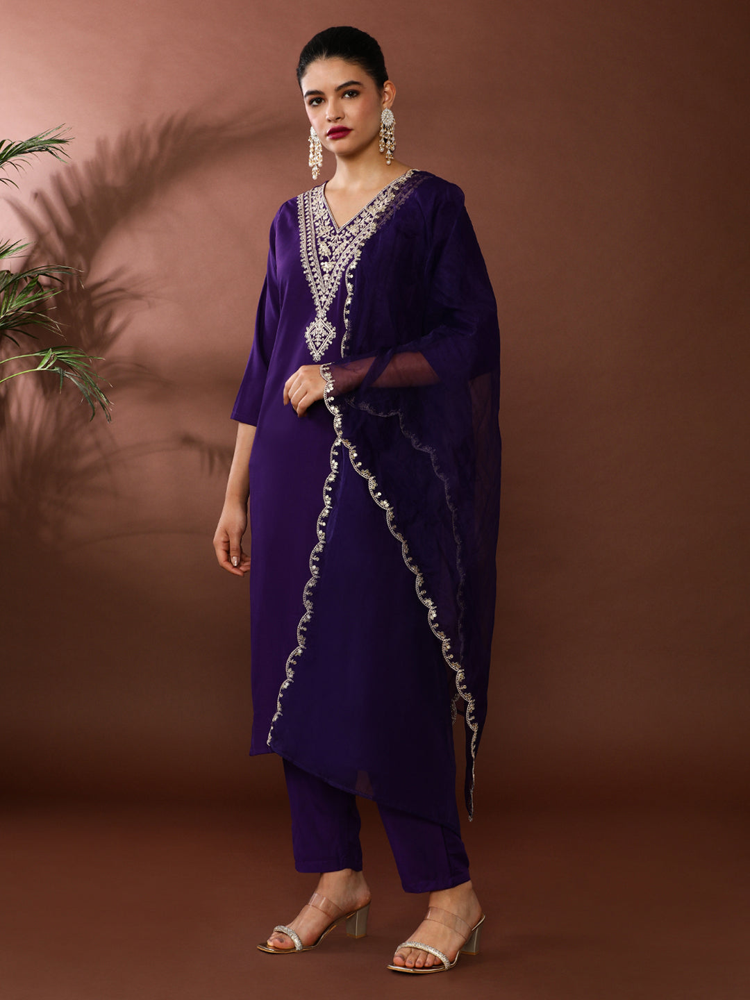 Solid Embroidered Kurta & Trousers Sets