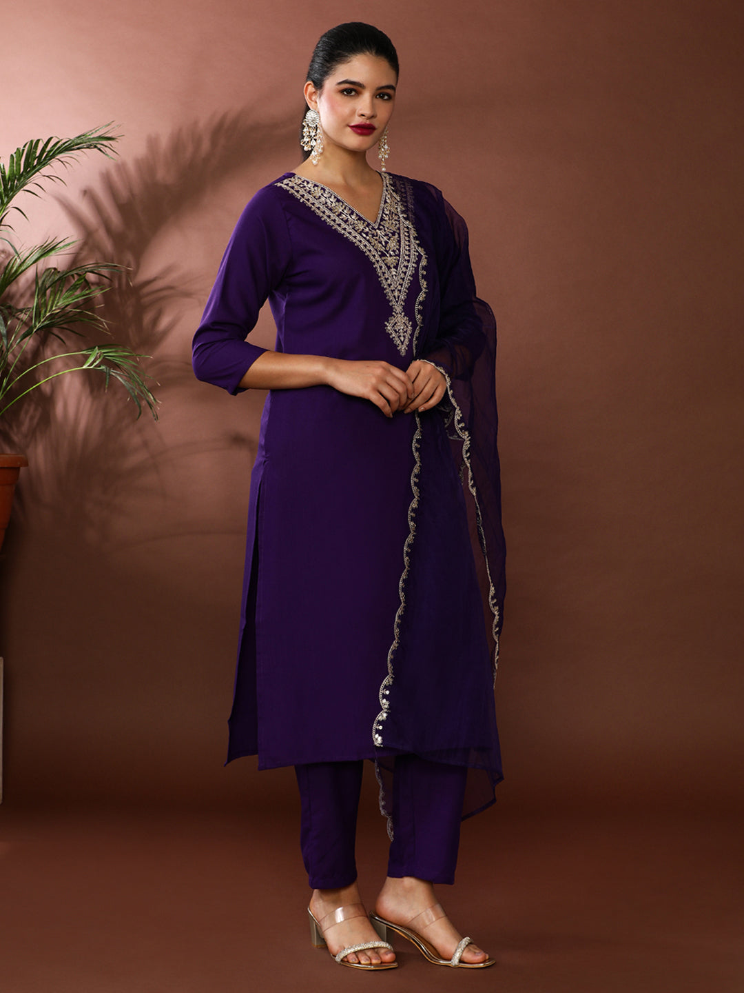 Solid Embroidered Kurta & Trousers Sets