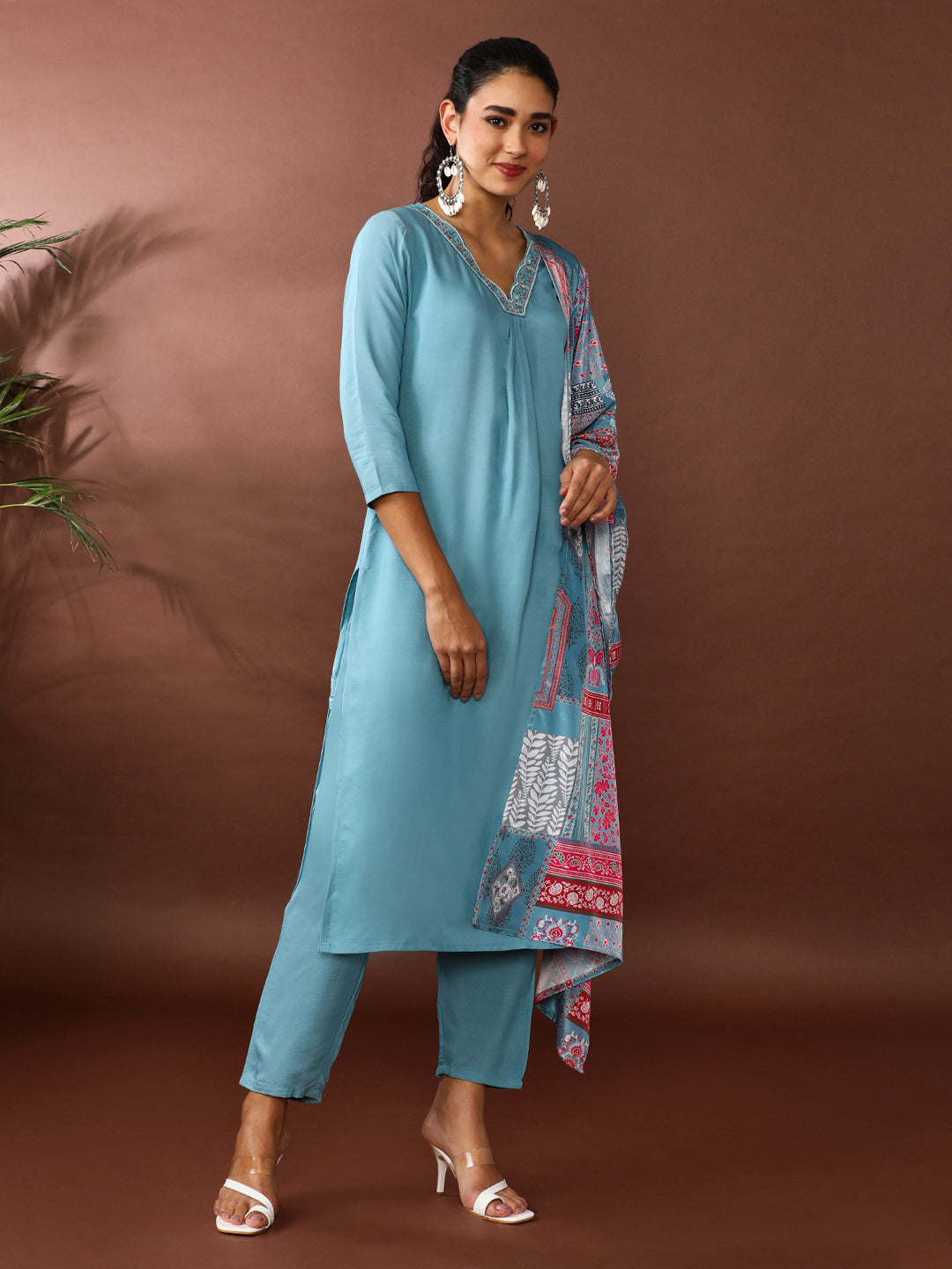 Solid Embroidered Kurta & Trousers Sets