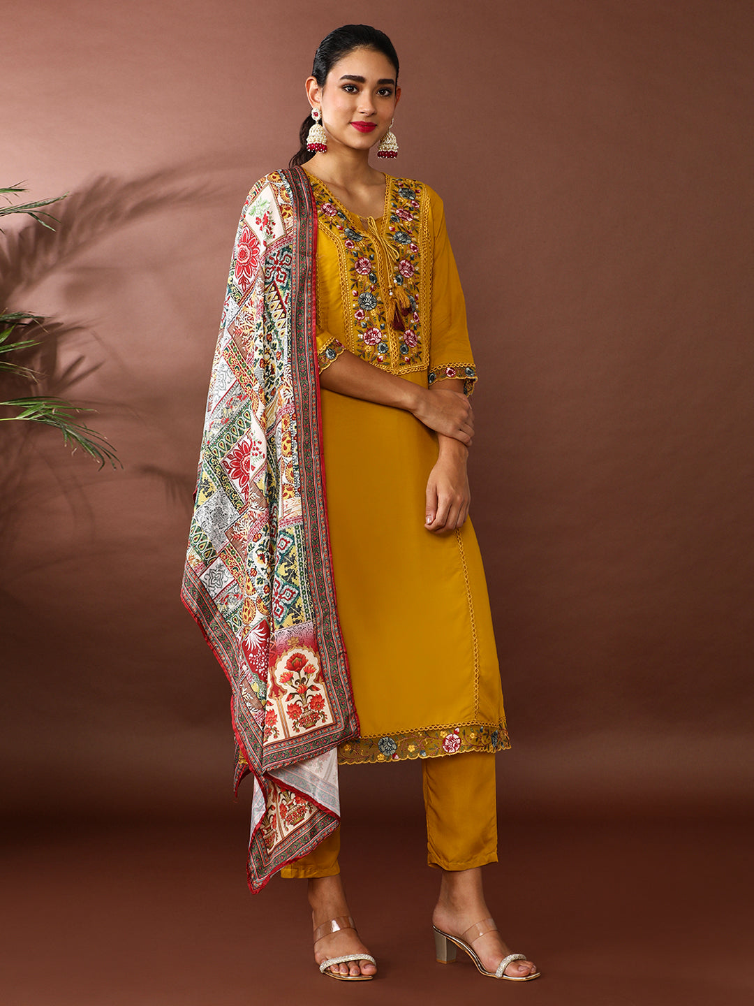 Solid Embroidered Kurta & Trousers Sets