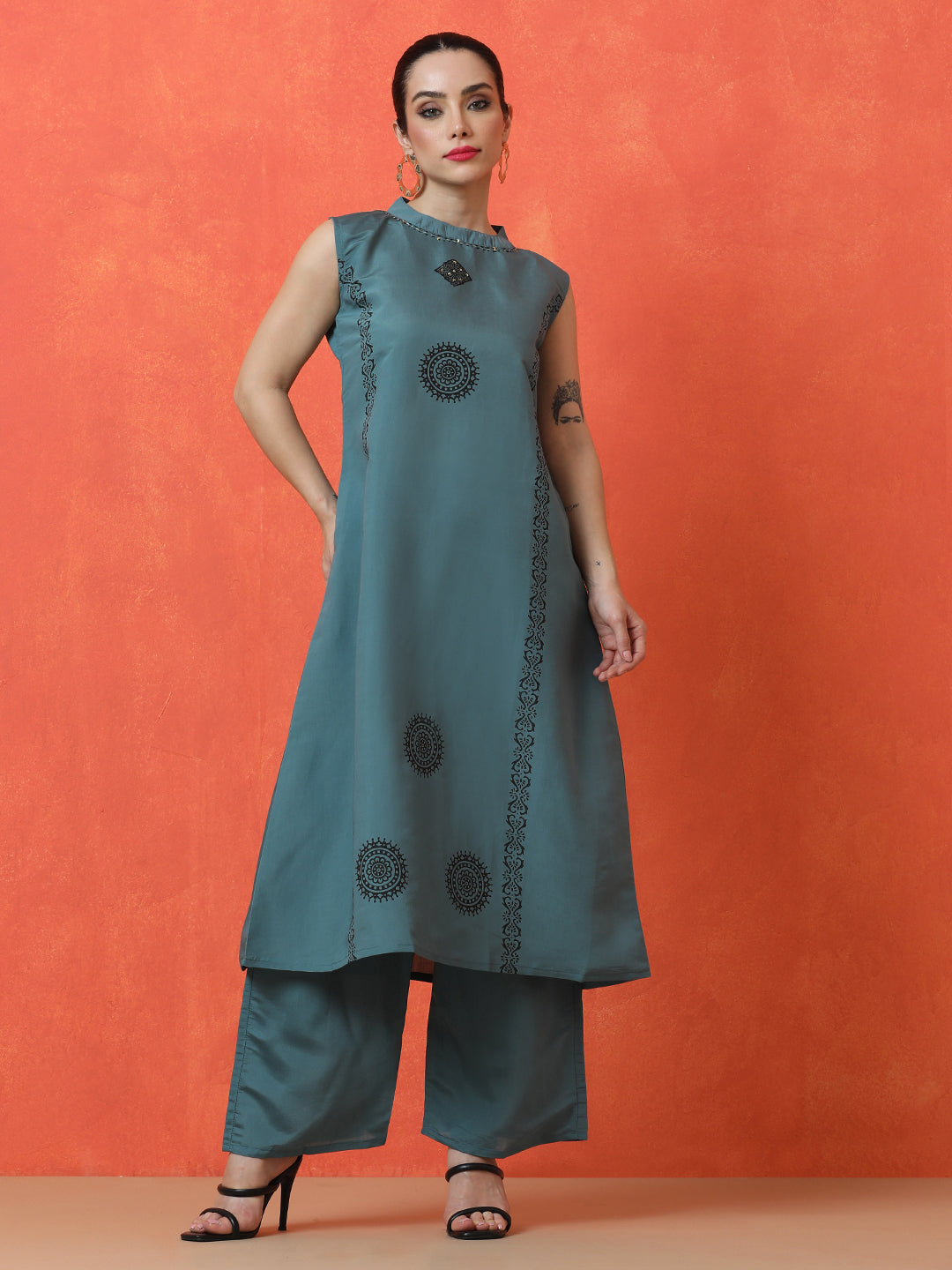 Floral Embroidered A-Line Silk Blend Kurta & Palazzos Sets