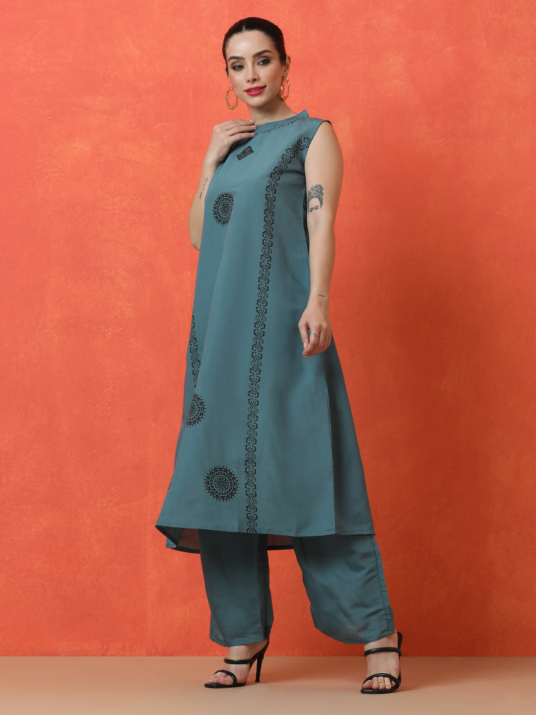 Floral Embroidered A-Line Silk Blend Kurta & Palazzos Sets