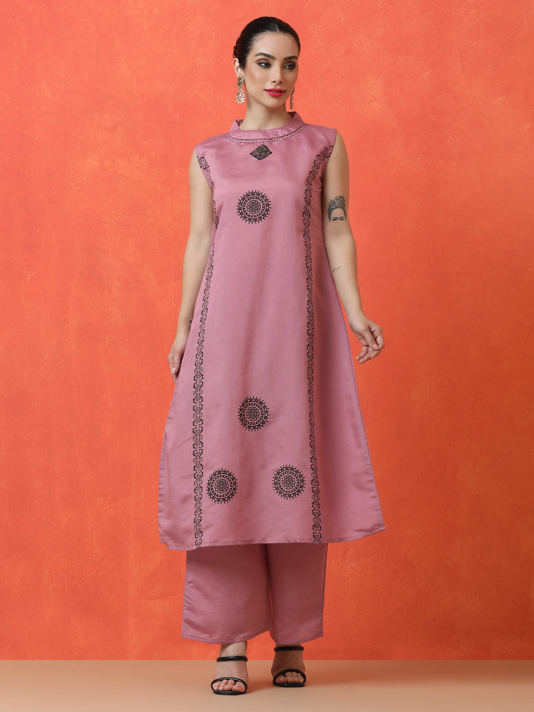 Floral Embroidered A-Line Silk Blend Kurta & Palazzos Sets