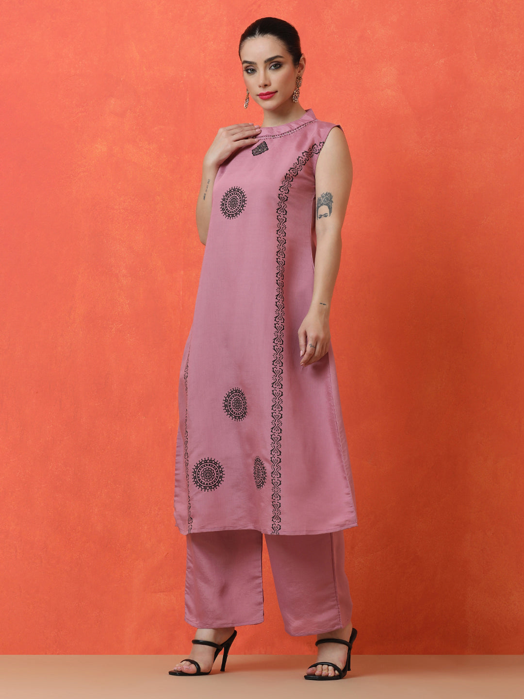 Floral Embroidered A-Line Silk Blend Kurta & Palazzos Sets