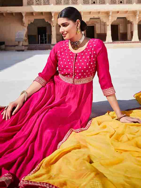Pink Zari Work Floor Length Anarkali Kurta With Yellow Organza Embellished Dupatta