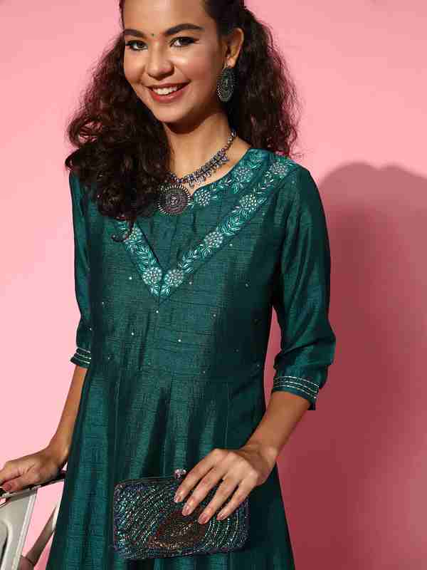 Bottle Green Silk Embroidered Long Anarkali Kurta