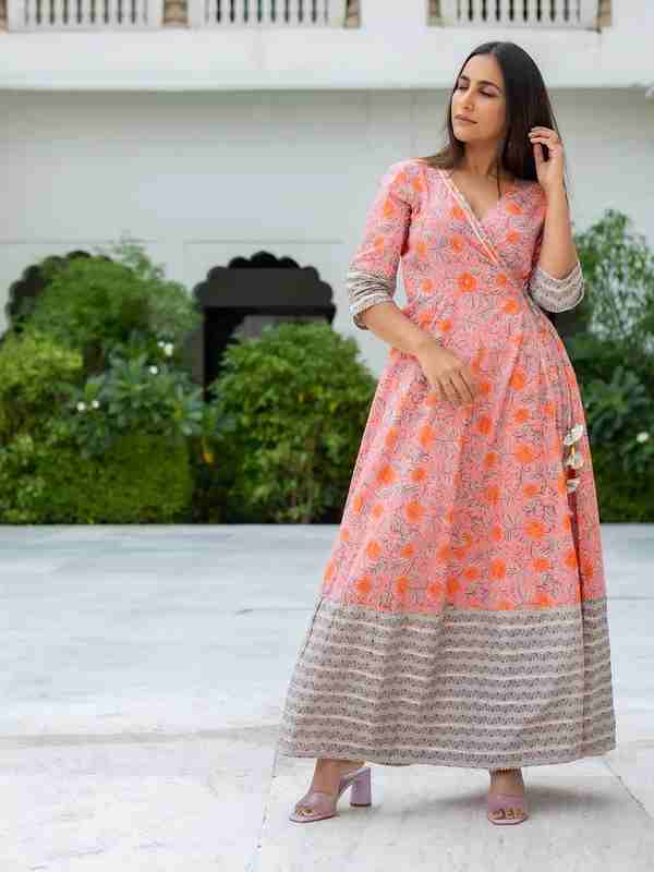 Angrakha Style Printed Pink And Grey Long Flared Kurta