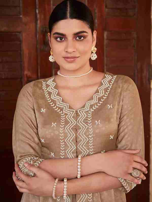 Beige Jaquard Hand Embroidered Anarkali Flared Kurta With Solid Palazzo