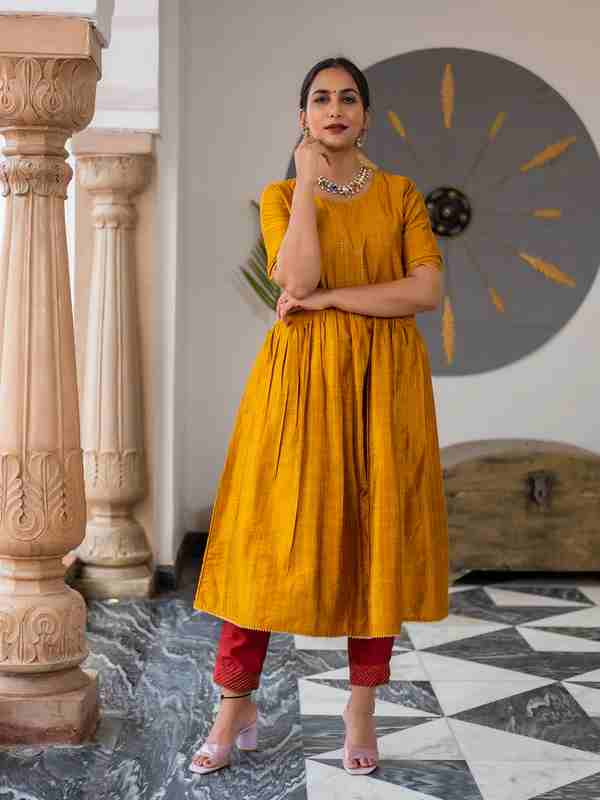 A Line Mustard Chanderi Checks Kurta With Gota Lace