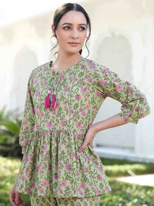 Cotton Ethnic Printed Green Lounge Wear Has Gathered Top And Pants