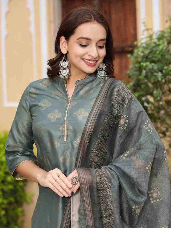 Grey Ethnic Motifs Print Silk Blend Kurta With Pants & Dupatta