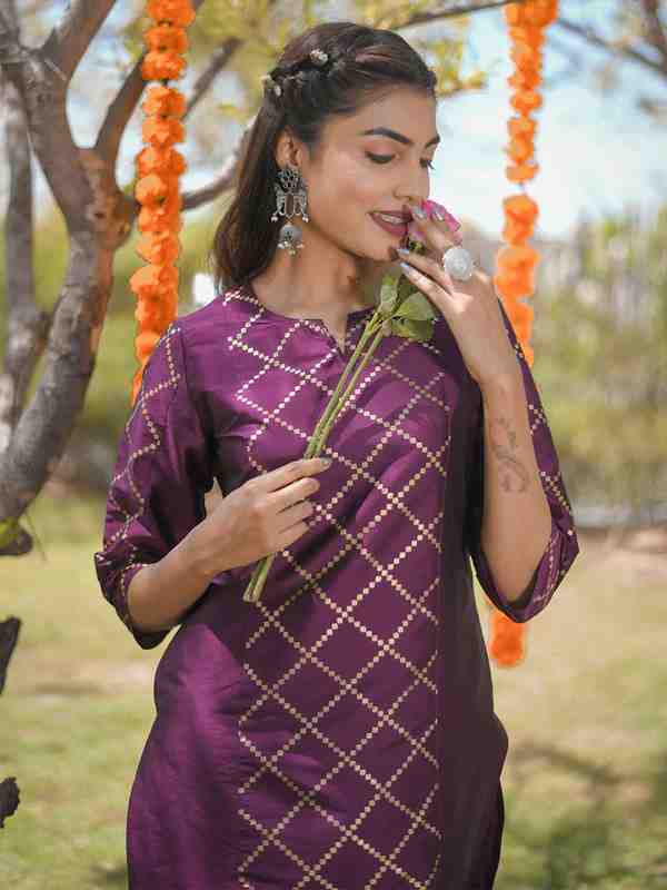 Purple & Gold Printed Silk Blend Kurta With Pants