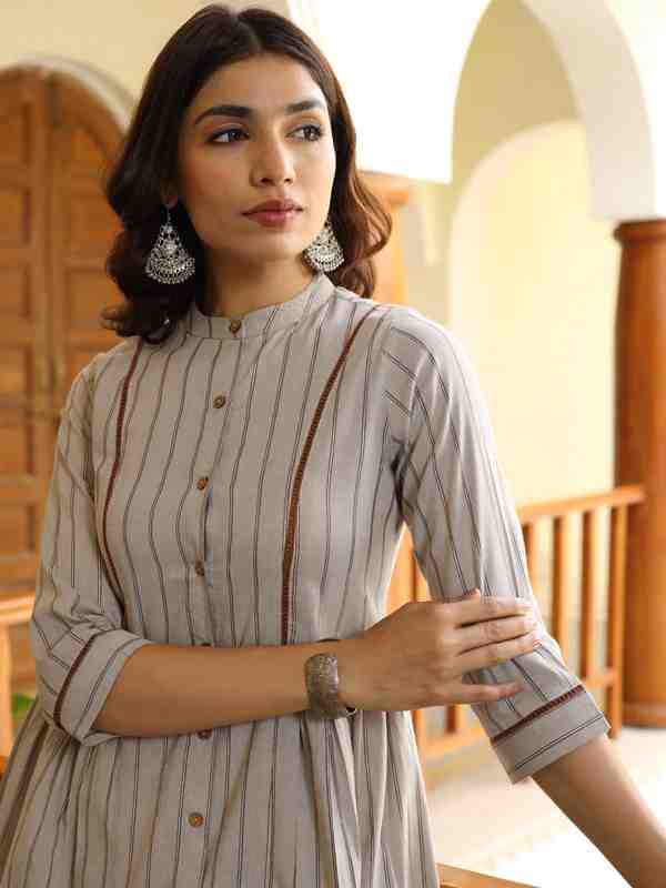 Grey Yarn Dyed Stripes Poly Cotton Co-Ord Top & Palazzo Set