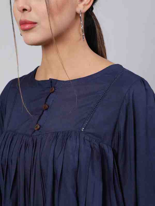 Navy Blue Gathered Top With Solid Palazzo