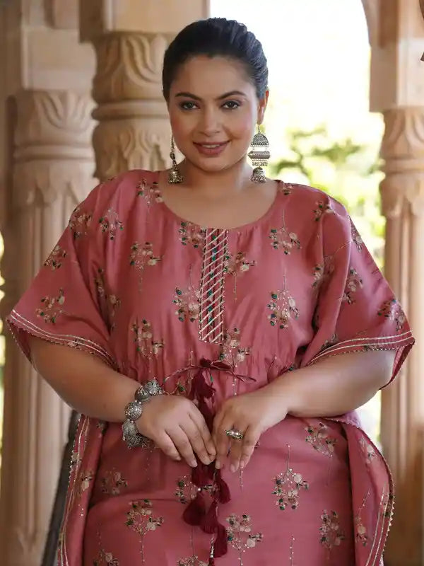 Pink Chanderi Printed Kaftan With Pant
