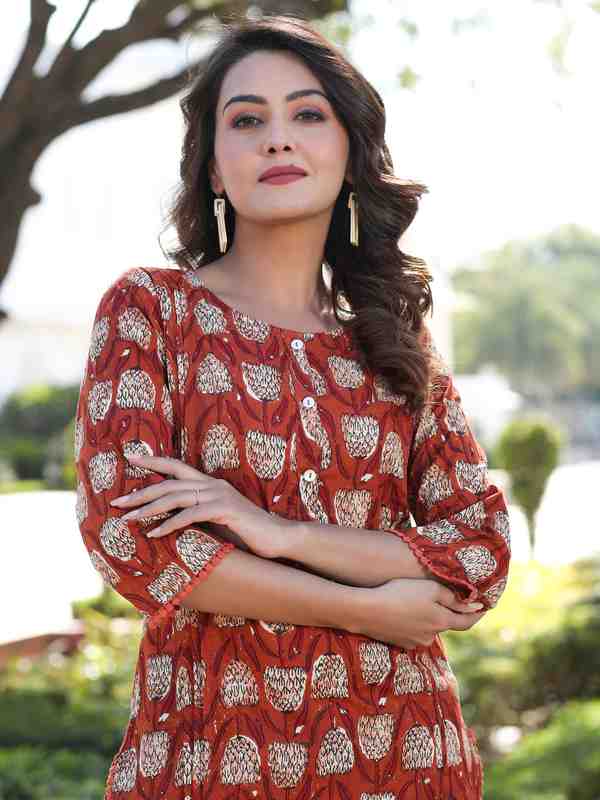 Brown Cotton Dabu Printed Lace Embellished Night Suit