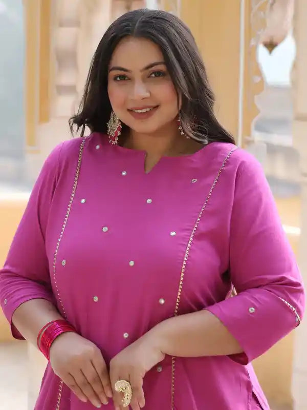 Magenta Pink Mirror Work Straight Kurta With Pants