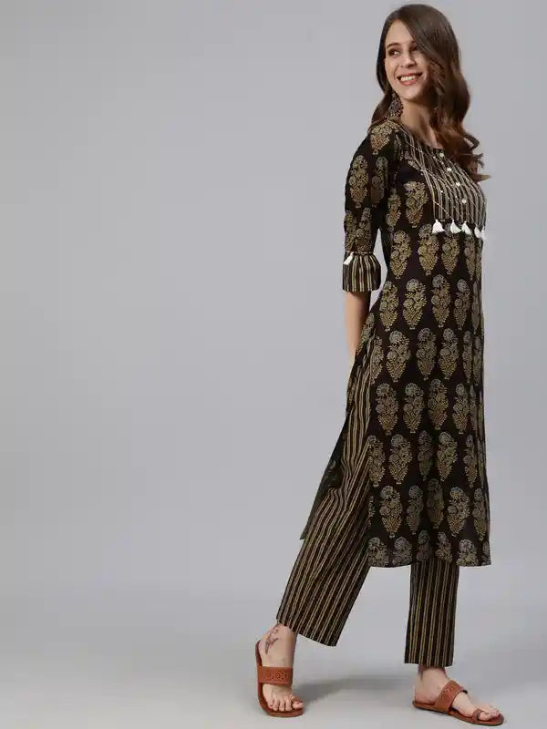 Black Ethnic Motifs Print Straight Cotton Kurta With Palazzos