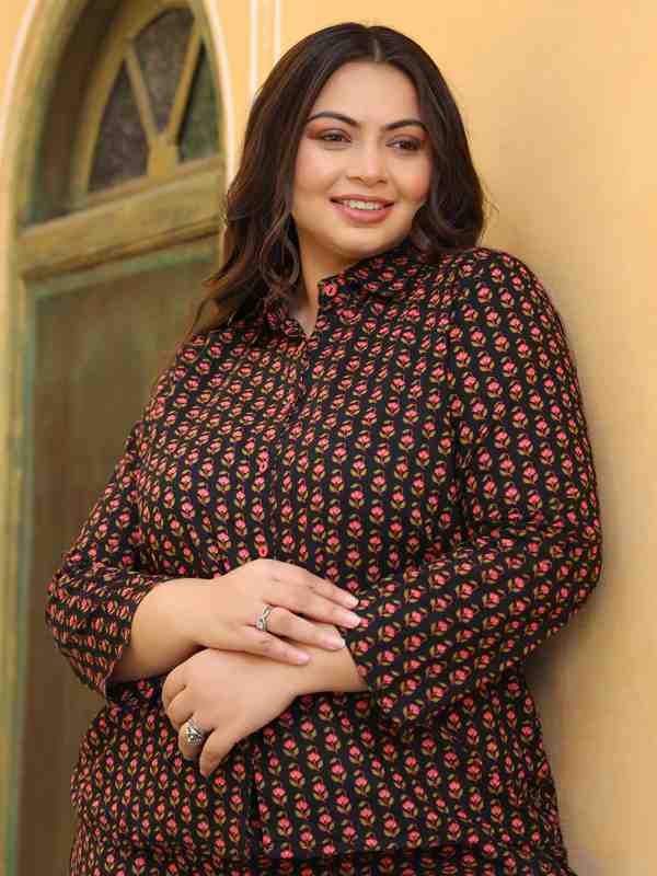 Cotton Ethnic Printed Black Night Suit