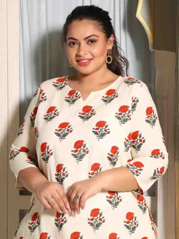 A White Ethnic Print Sleepwear Consist Of Straight Short Kurta & Pajamas