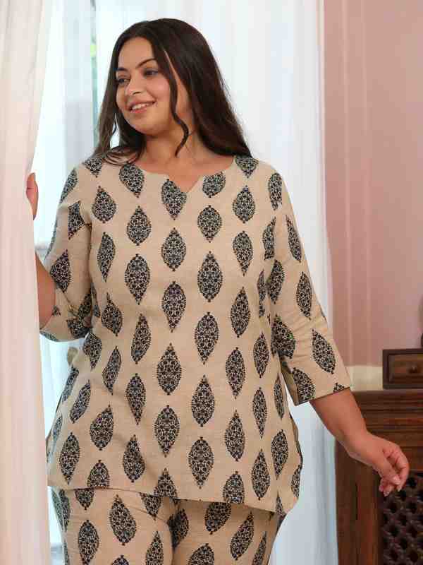 Cream & Navy Blue Printed Cotton Night Suit
