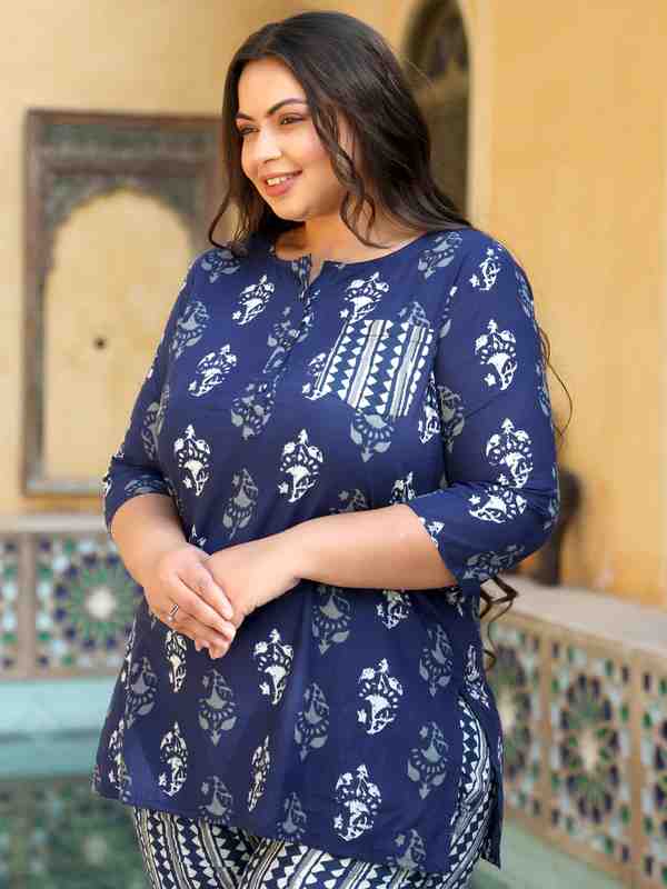 Navy Blue Cotton Printed Lounge Wear Top With Bottom