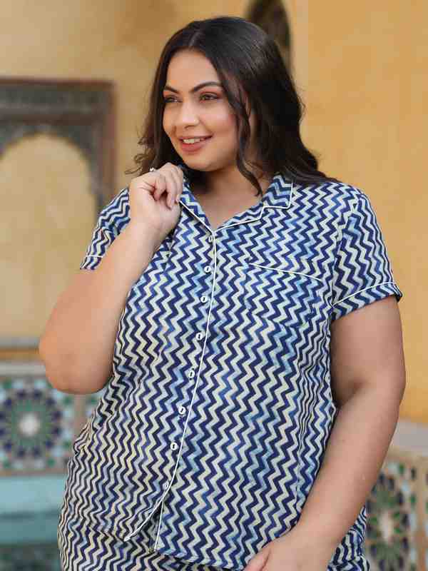 Cotton Geomatric Printed Blue Night Suit