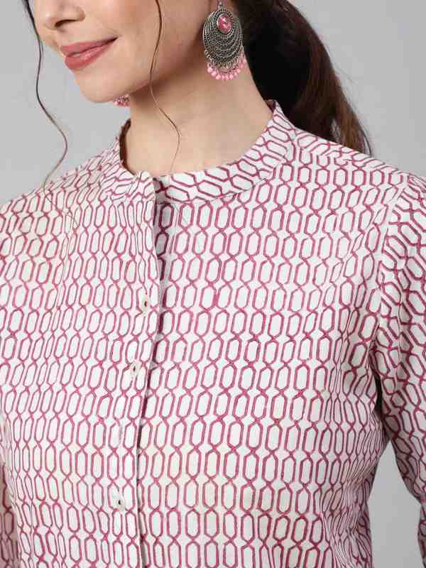 White And Magenta Printed Pleated Top