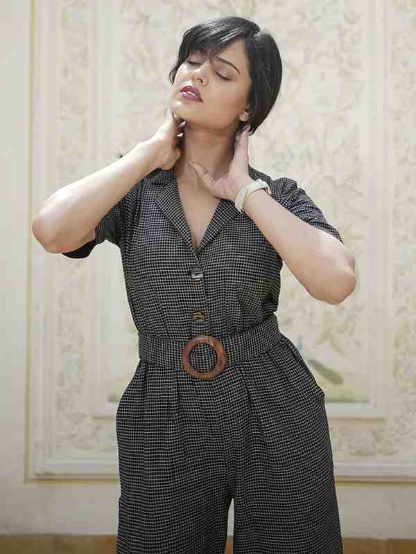 Black Checked Yarn Dyed Straight Jumpsuit