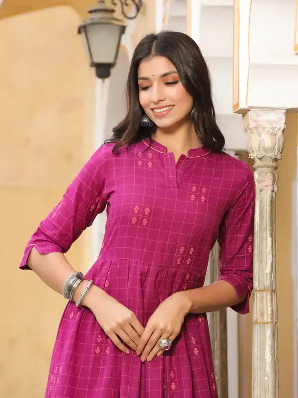 Purple Checks Cotton Flared Dress