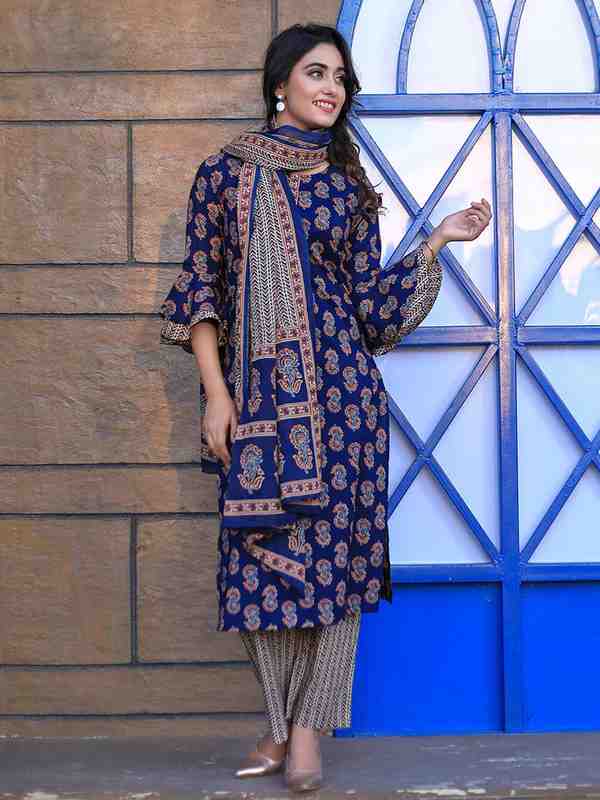 Navy Blue & Beige Ethnic Motifs Straight Cotton Kurta With Palazzo & Dupatta