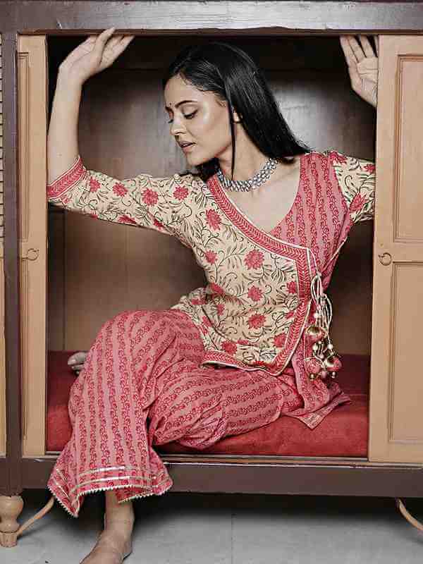 A-Line Short Printed Angrakha Pattern Embellished Kurti With Printed Cotton Sharara